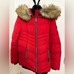 Vegan hooded puffer jacket with faux trim